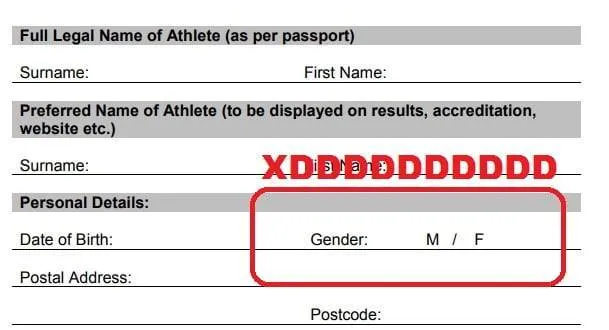 Fragment anglojęzycznego formularza zgłoszeniowego dla sportowców z polem „Gender: M / F” zakreślonym na czerwono