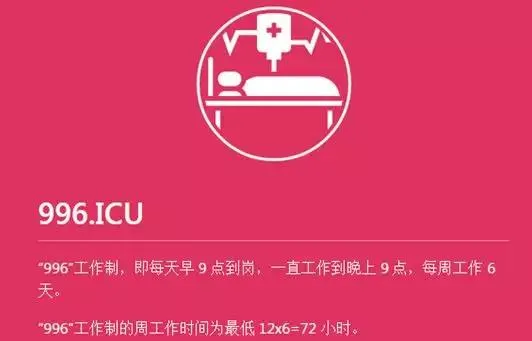 Strona projektu 996.ICU: biała ikona łóżka szpitalnego z kroplówką na czerwonym tle i chiński opis systemu pracy 996