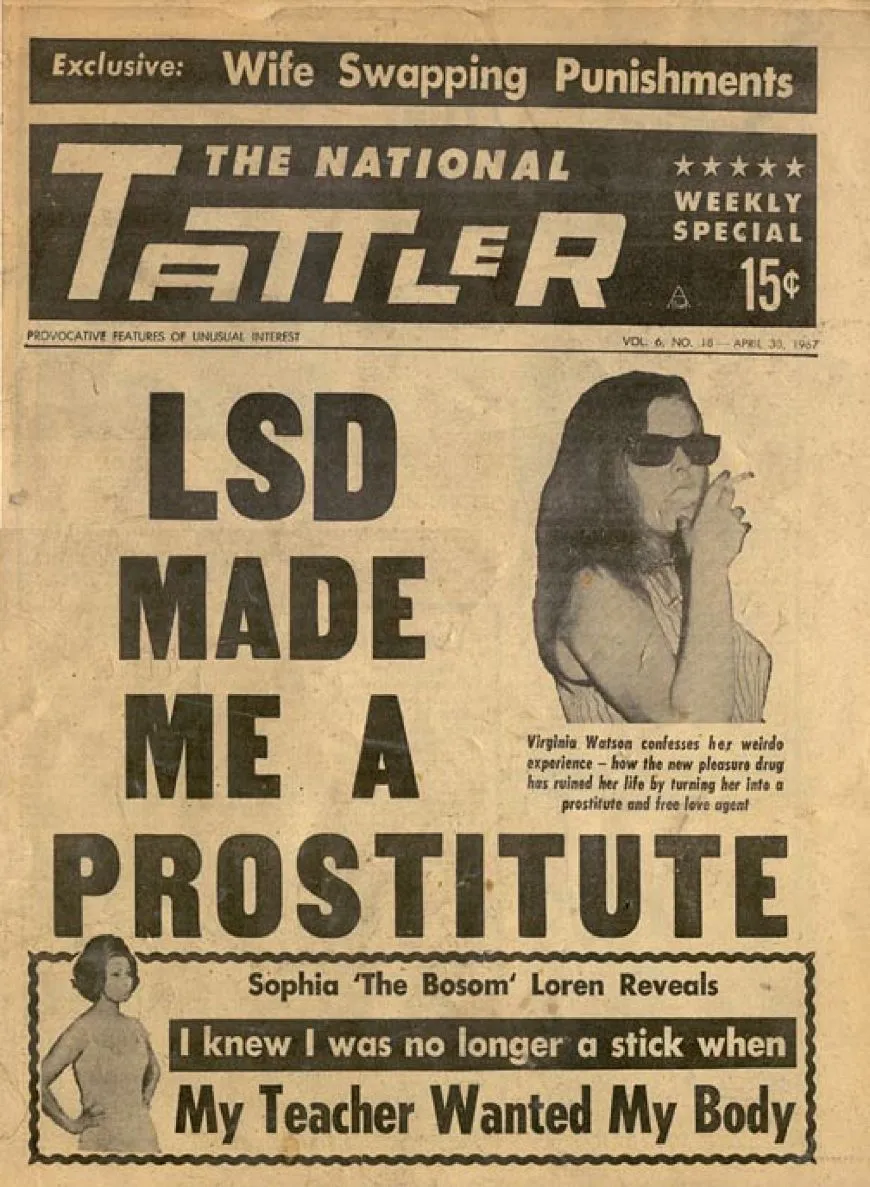 Okładka amerykańskiego tabloidu „The National Tattler” z 1967 roku z nagłówkiem „LSD Made Me a Prostitute”