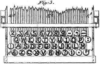 Rysunek z patentu Christophera Sholesa z 1878 roku: klawiatura maszyny do pisania z okrągłymi klawiszami w układzie niemal identycznym z dzisiejszym QWERTY