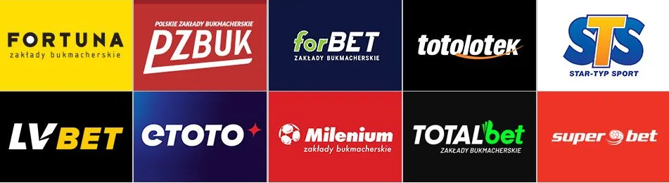 Zestawienie logotypów dziesięciu polskich bukmacherów: Fortuna, PZBUK, forBET, Totolotek, STS, LV BET, eToto, Milenium, Totalbet i Superbet