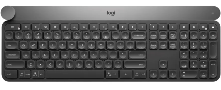 Grafitowa klawiatura Logitech Craft z blokiem numerycznym i dużym srebrnym pokrętłem w lewym górnym rogu