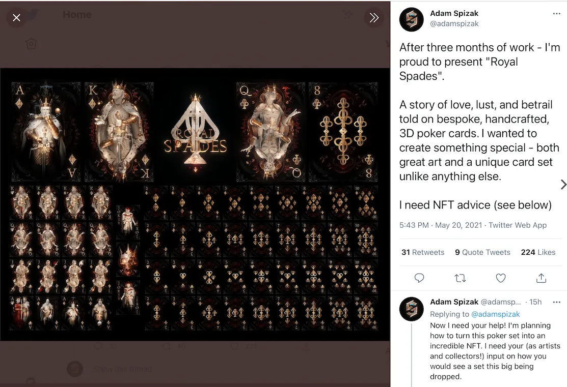 Wpis Adama Spizaka na Twitterze z 20 maja 2021 roku: komplet efektownych, złoto-czarnych kart do pokera „Royal Spades” i prośba do obserwujących o radę, jak zrobić z nich NFT