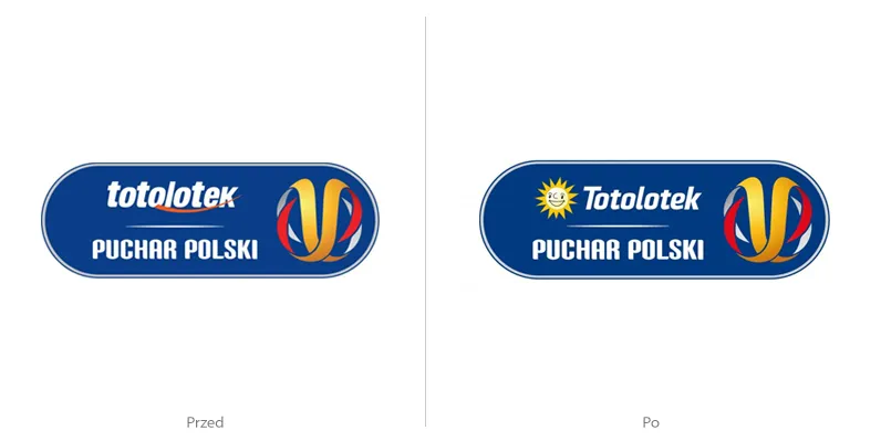 Logo Pucharu Polski na niebieskiej plakietce przed zmianą i po zmianie: stary napis „totolotek” zastąpiło słońce z nowym logotypem