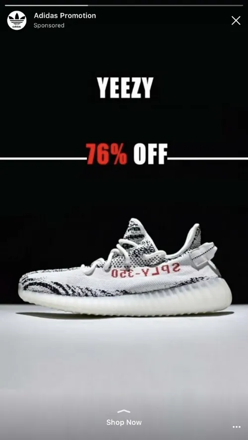 Sponsorowana reklama na Instagramie podpisana „Adidas Promotion”: biało-czarny but Yeezy Boost 350 i napis „76% OFF”