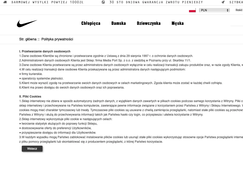 Polityka prywatności sklepu DresySklep.pl powołująca się na ustawę o ochronie danych osobowych z 1997 roku i wskazująca jako administratora spółkę z Poznania
