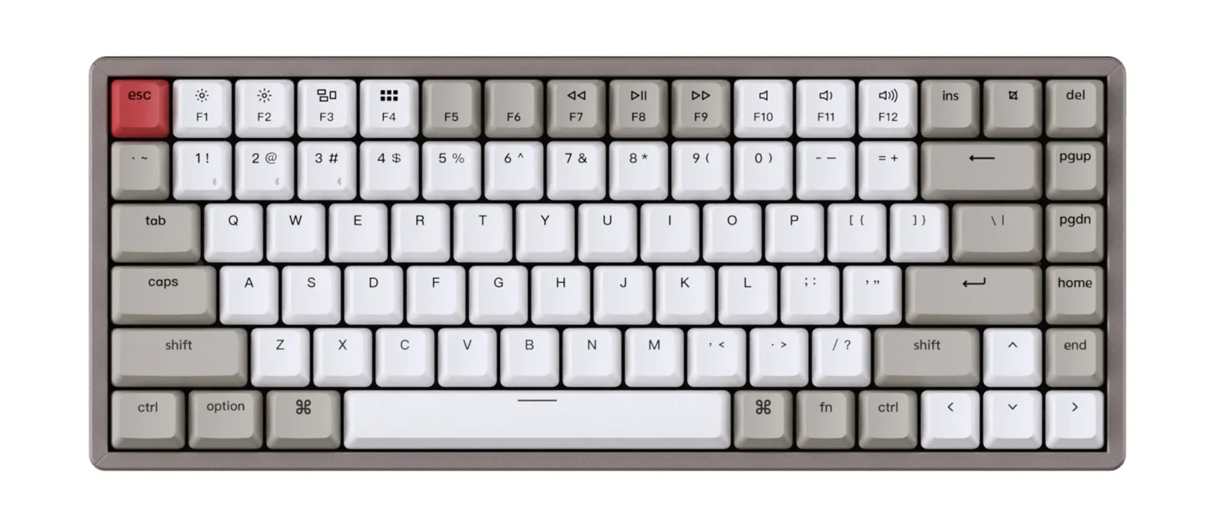 Kompaktowa klawiatura mechaniczna Keychron w układzie 75% i amerykańskim rozkładzie klawiszy, z białymi i szarymi klawiszami oraz czerwonym Escape. Po prawej stronie spacji tylko Command, fn i Control
