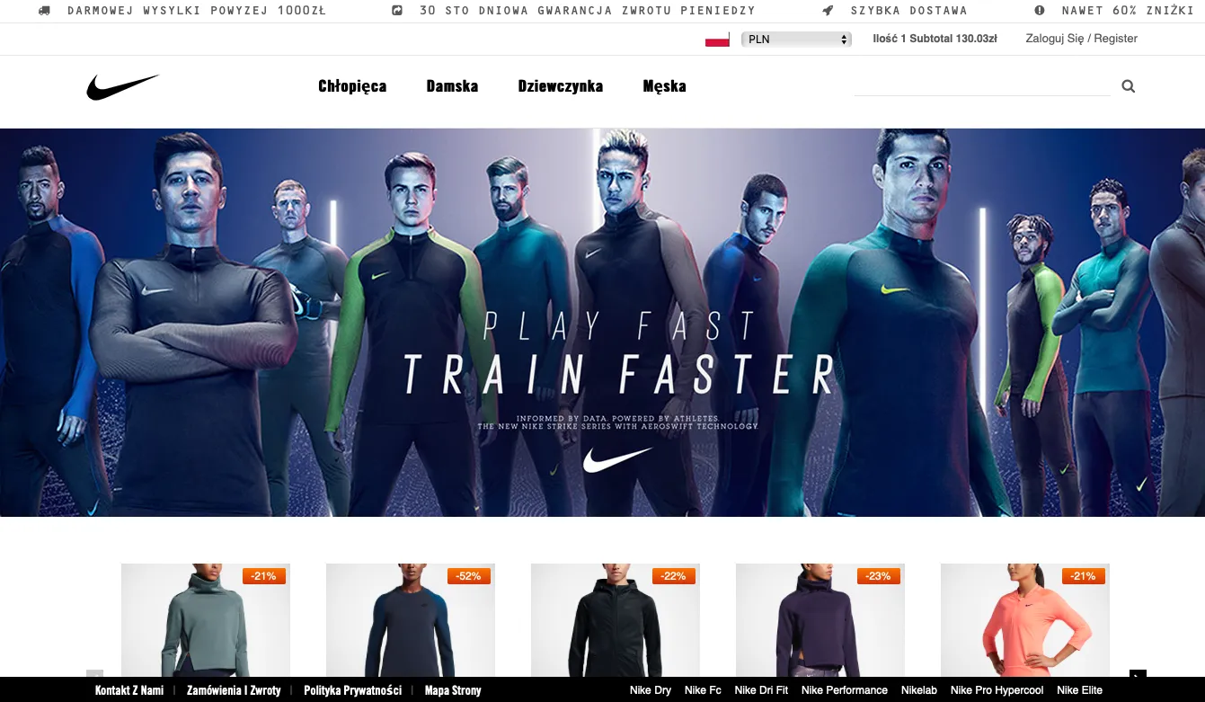 Strona główna sklepu DresySklep.pl: logo Nike, piłkarze w strojach treningowych Nike i pasek z hasłami o darmowej wysyłce i „30 sto dniowej gwarancji”