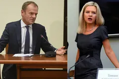 Zestawienie dwóch zdjęć: po lewej Donald Tusk gestykuluje przy stole z mikrofonem, po prawej Małgorzata Wassermann w ciemnej sukience przy mikrofonie