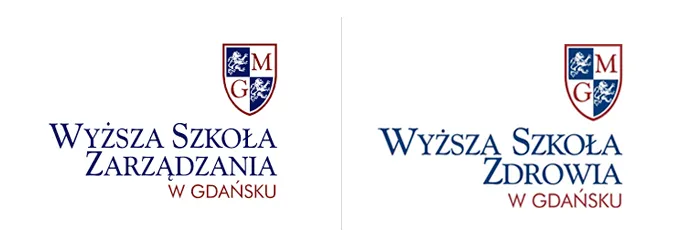 Dwa niemal identyczne logotypy z tym samym herbem: „Wyższa Szkoła Zarządzania w Gdańsku” i „Wyższa Szkoła Zdrowia w Gdańsku”